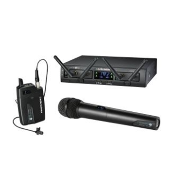 Picture of System 10 PRO Digital Wireless System includes: ATW-RC13 rack-mount receiver chassis, ATW-RU13 x2 receiver unit, ATW-T1002 Handheld transmitter, ATW-T1001 UniPak transmitter and MT830cW x2 lavalier microphone