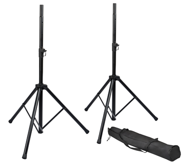 Picture of Rok-It Set of Two (2) Tripod Base Speaker Stands with Adjustable Height Twist Knob, Safety Pins and Rubber Feet, Includes Carry Bag.