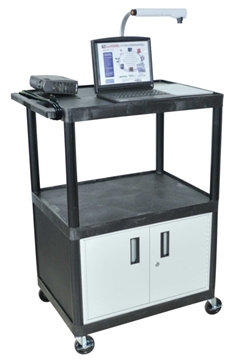Picture of 48.25" Presentation AV Cart with 3 Shelves, Cabinet and 3-outlet 15ft Cord, Black