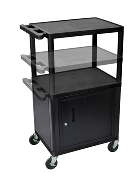 Picture of 16" to 42" Presentation AV Cart with 3 Shelves, Cabinet and 3-outlet 15ft Cord, Black