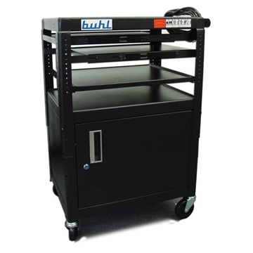 Picture of Height adjustable AV Media cart w/ Security Cabinet - Two Stationary Shelves, Laptop Shelf