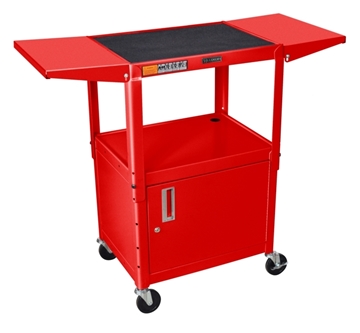 Picture of 24 - 42" Adjustable Height Steel Cart with Cabinet and Drop Leaf Shelves, Red