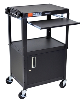 Picture of 24 - 42" Adjustable Height Steel Cart With Pullout Keyboard Tray and Cabinet, Black