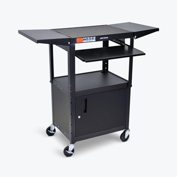 Picture of 3-shelves Adjustable-Height Steel AV Cart, Cabinet Drop Leaf Front Keyboard, Black