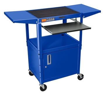 Picture of 24 - 42" Adjustable Height Steel AV Cart with Pullout, Cabinet and Drop Leaf Shelves, Blue
