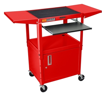 Picture of 24 - 42" Adjustable Height Steel AV Cart with Pullout, Cabinet and Drop Leaf Shelves, Red