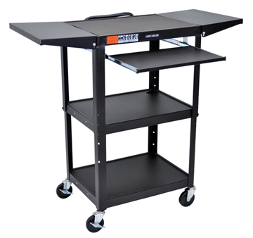 Picture of 24 - 42" Adjustable Height Steel AV Cart with keyboard and Drop Leaf shelves, Black