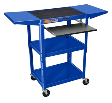 Picture of 24 - 42" Adjustable Height Steel AV Cart with keyboard and Drop Leaf shelves, Blue