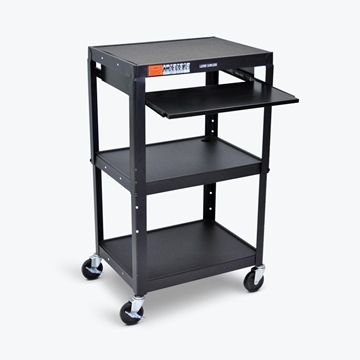 Picture of 3-shelves Adjustable-Height Steel AV Cart, Front Keyboard Pulled Out, Black