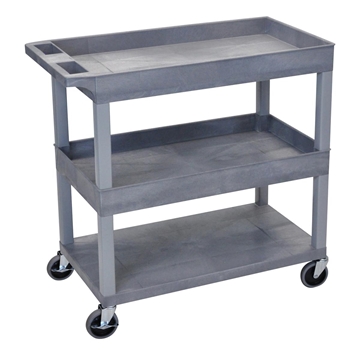 Picture of 32" x 18" High Strength Plastic Tub Cart with 4" Casters, 2 Tub/1 Flat Shelves, Gray