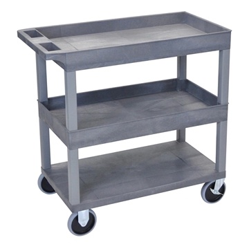 Picture of 32" x 18" High Strength Plastic Tub Cart with 5" Casters, 2 Tub/1 Flat Shelves, Gray