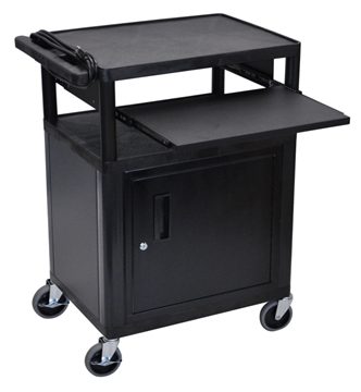 Picture of 18" x 24" x 34" Presentation AV Cart with Cabinet, 3-outlet 15ft Cord, Front Pullout Shelf