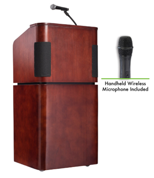 Picture of Oklahoma Sound Tabletop and Base Combo Sound Lectern with Wireless Handheld Mic, Mahogany on Walnut