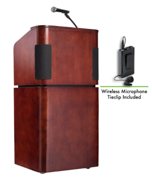 Picture of Oklahoma Sound Tabletop and Base Combo Sound Lectern with Wireless Tie Clip/ Lavalier Mic, Mahogany on Walnut
