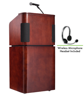 Picture of Oklahoma Sound Tabletop and Base Combo Sound Lectern with Wireless Headset Mic, Mahogany on Walnut