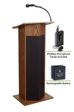 Picture of Oklahoma Sound Power Plus Lectern and Rechargeable Battery with Wireless Tie Clip/Lavalier Mic, Medium Oak