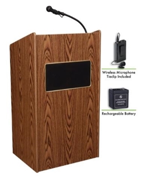 Picture of Oklahoma Sound Aristocrat Sound Lectern and Rechargeable Battery with Wireless Tie Clip/Lavalier Mic, Medium Oak