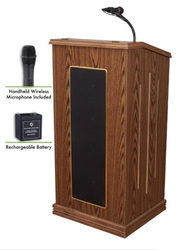 Picture of Oklahoma Sound Prestige Sound Lectern and Rechargeable Battery with Wireless Handheld Mic, Medium Oak