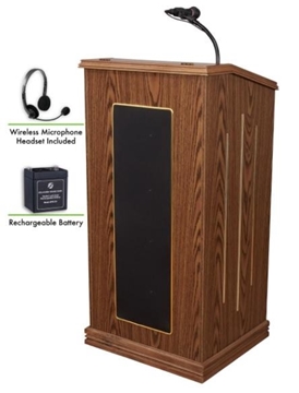 Picture of Oklahoma Sound Prestige Sound Lectern and Rechargeable Battery with Wireless Headset Mic, Medium Oak