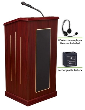 Picture of Oklahoma Sound Prestige Sound Lectern and Rechargeable Battery with Wireless Headset Mic, Mahogany
