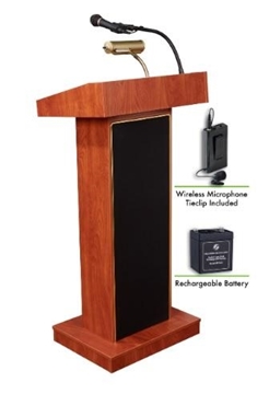 Picture of Oklahoma Sound Orator Lectern and Rechargeable Battery with Wireless Tie Clip/Lavalier Mic, Cherry
