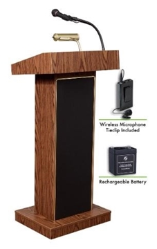 Picture of Oklahoma Sound Orator Lectern and Rechargeable Battery with Wireless Tie Clip/Lavalier Mic, Medium Oak