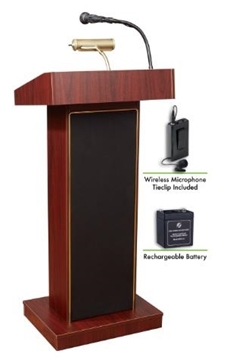 Picture of Oklahoma Sound Orator Lectern and Rechargeable Battery with Wireless Tie Clip/Lavalier Mic, Mahogany