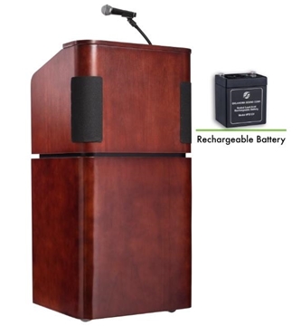 Picture of Oklahoma Sound Veneer Contemporary Table Lectern with Sound, Base and Rechargeable Battery, Mahogany on Walnut