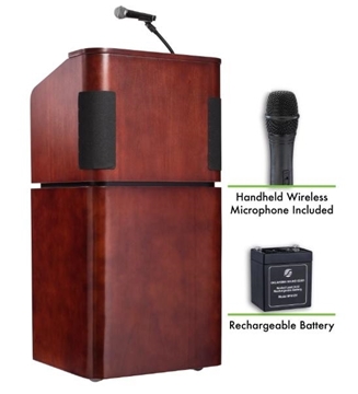 Picture of Oklahoma Sound Tabletop and Base Combo Sound Lectern and Rechargeable Battery with Wireless Handheld Mic, Mahogany on Walnut