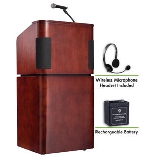 Picture of Oklahoma Sound Tabletop and Base Combo Sound Lectern and Rechargeable Battery with Wireless Headset Mic, Mahogany on Walnut