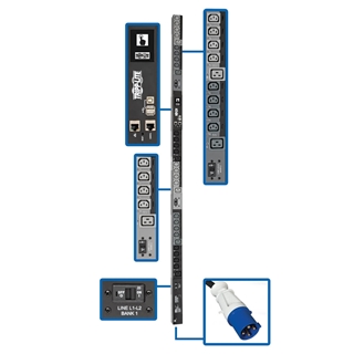 Picture of 14.5kW 3-Phase Switched PDU, LX Interface, 208/240V Outlets (24 C13/6 C19), LCD, IEC 309 60A Blue, 1.8m/6 ft. Cord, 0U 1.8m/70 in. Height, TAA