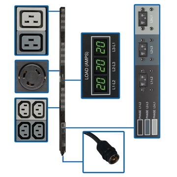 Picture of 14.4kW 3-Phase Metered PDU, 208V Outlets (36 C13, 6 C19, 3 L6-30R) Hubbell 50A CS8365C, 6ft Cord, 0U Vertical, TAA