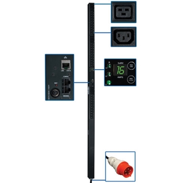Picture of 11kW 3-Phase Monitored PDU, 220/230V (30 C13  6 C19), IEC-309 16A Red, 380/400V Input, 10ft Cord, 0U Vertical