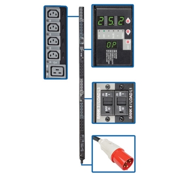 Picture of 25.2kW 3-Phase Switched PDU, 240V Outlets (24 C13  6 C19), IEC309 60A Red, 415V Input, 6ft Cord, 0U Vertical,TAA