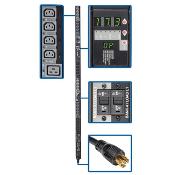 Picture of 17.3kW 3-Phase Switched PDU, 240V Outlets (24 C13  6 C19), L22-30P, 415V Input, 6ft Cord, 0U Vertical