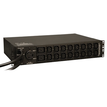 Picture of 5kW Single-Phase ATS/Metered PDU, 208/240V Outlets (16 C13, 2 C19  1 L6-30R) 2 L6-30P 10ft inputs, 2U Rack-Mount, TAA