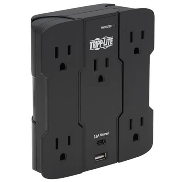 Picture of Safe-IT 5-Outlet Surge Protector - USB-A/USB-C Ports, 5-15P Direct Plug-In, 1050 Joules, Antimicrobial Protection, Black