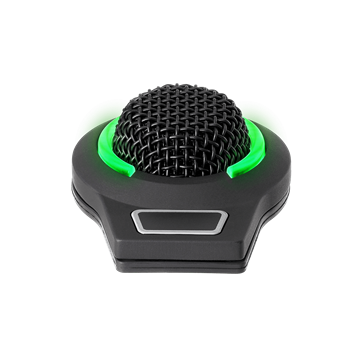Picture of Omnidirectional condenser boundary microphone with self- contained power module, RGB LED ring (7 selectable colors + OFF)indicates mute status, phantom power only, for table or panel mount applications, 3-pin, black