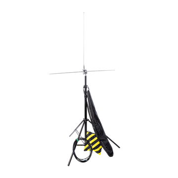 Picture of High-performance FM antenna (88-108 MHz), adjustable radials, telescoping antenna stand, sandbag with clip, antenna extension for tuning, and 100' RG8X low-loss coaxial cable