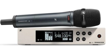Picture of Wireless vocal set. (1) SKM 100 G4-S handheld microphone with mute switch, (1) e 945 mic capsule (supercardioid, dynamic), (1) EM 100 G4 rackmount receiver, (1) GA3 rack kit, (1) RJ10 linking cable and (1) mic clip, frequency range:A (516 - 558 MHz)
