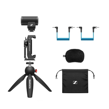 Picture of Compact On-camera Shotgun Microphone Kit (Supercardioid, Condenser). Includes (1) MKE 200 On-camera Microphone, (1) Manfrotto PIXI Mini Tripod, (1) Smartphone Clamp with Cold-shoe Mount, (1) Locking 3.5 mm TRS - TRS Coiled Cable