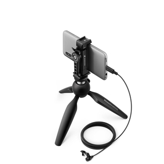 Picture of USB-C Lavalier Kit, Includes (1) XS Lav USB-C Lavalier Microphone, (1) Manfrotto PIXI Mini Tripod, (1) Smartphone Clamp with Cold-shoe Mount, (1) Foam Windshield for XS Lav, (1) Lavalier Clip and (1) Pouch